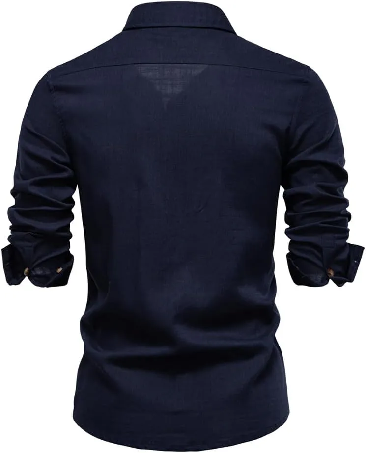 Mens Linen Shirt Long Sleeve Button Down Shirts Summer Casual Beach Shirts with Pocket