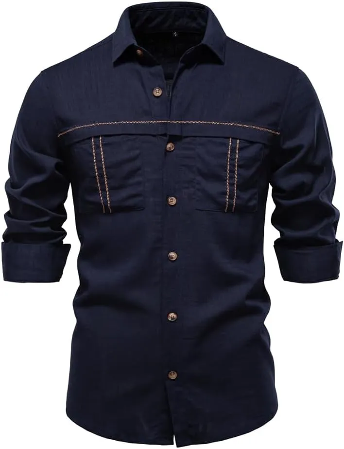 Mens Linen Shirt Long Sleeve Button Down Shirts Summer Casual Beach Shirts with Pocket
