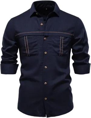 Mens Linen Shirt Long Sleeve Button Down Shirts Summer Casual Beach Shirts with Pocket