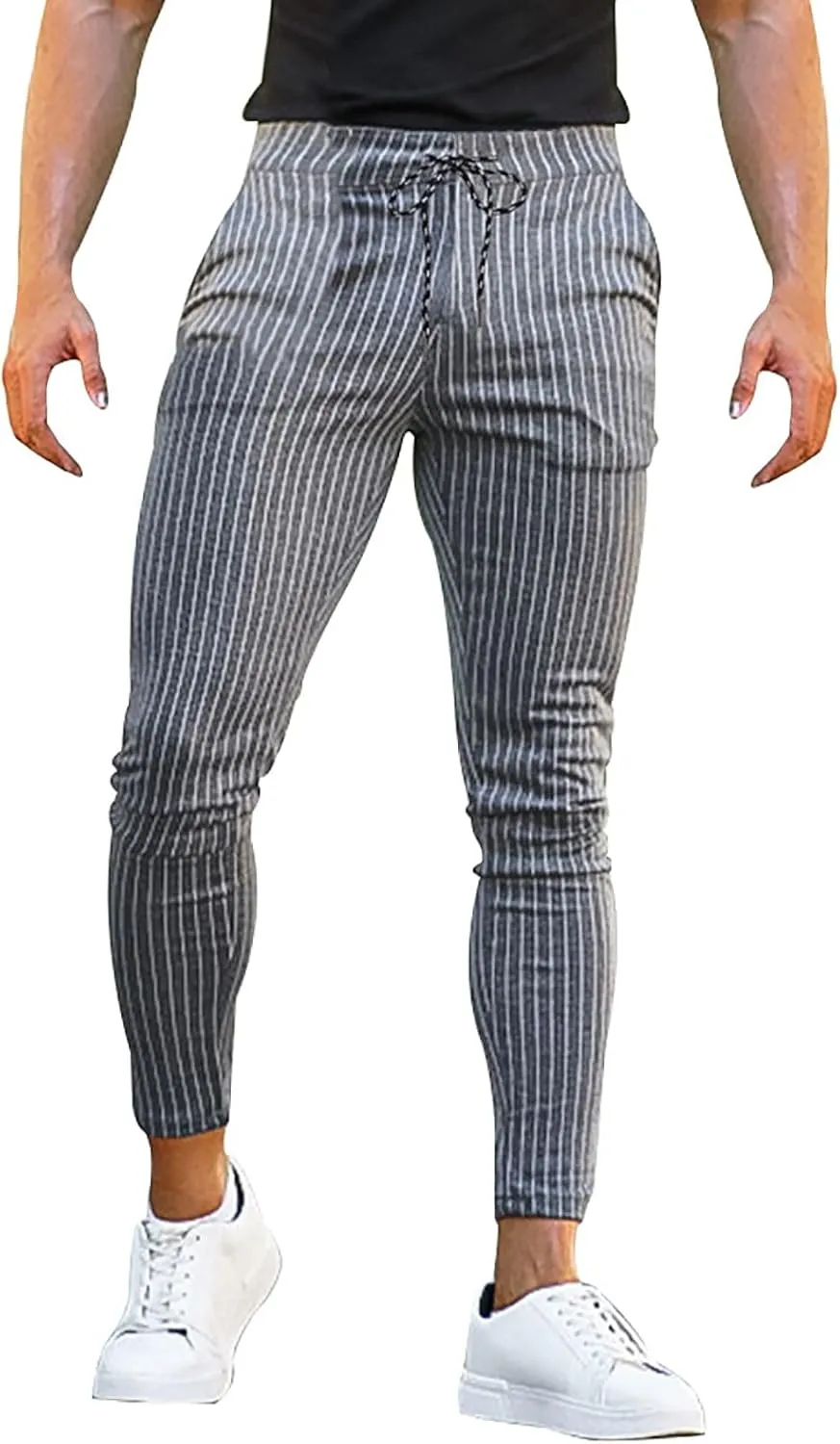 Mens Skinny Business Dress Chinos Pants Slim Fit Stretch Stripe Print Trousers for Men Flat-Front Casual Slacks for Men