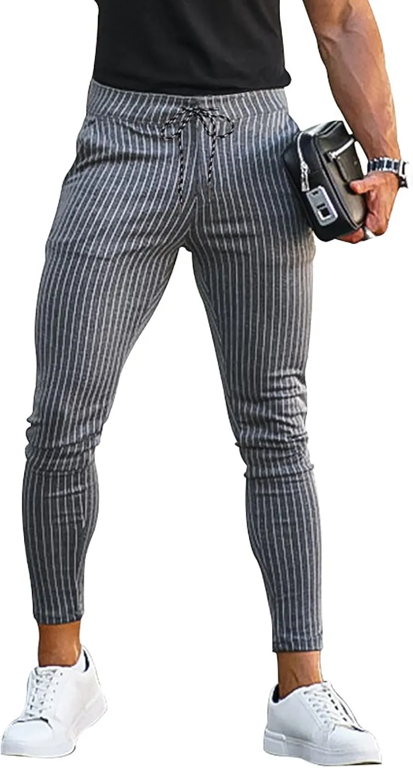 Mens Skinny Business Dress Chinos Pants Slim Fit Stretch Stripe Print Trousers for Men Flat-Front Casual Slacks for Men