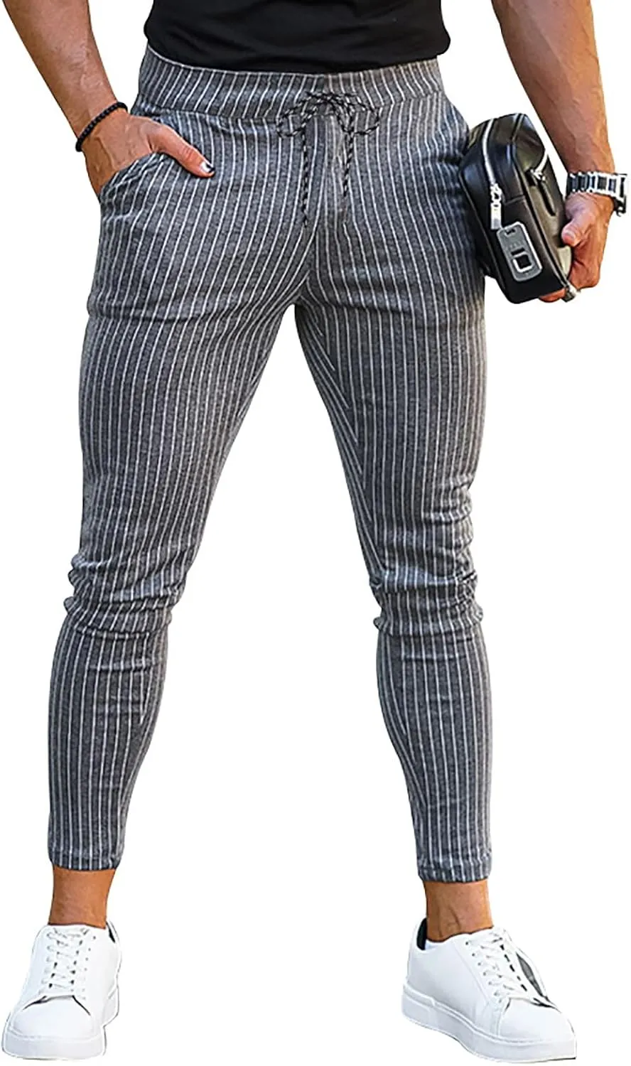 Mens Skinny Business Dress Chinos Pants Slim Fit Stretch Stripe Print Trousers for Men Flat-Front Casual Slacks for Men