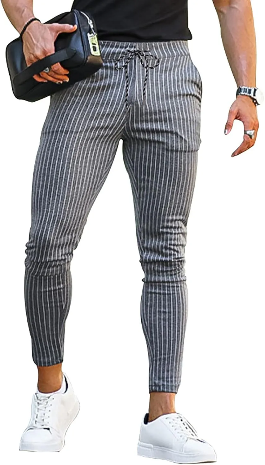 Mens Skinny Business Dress Chinos Pants Slim Fit Stretch Stripe Print Trousers for Men Flat-Front Casual Slacks for Men