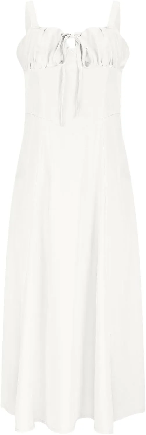 Milk Maid Dress for Women Floral Corset Flowy Slit Dresses Summer Boho Spaghetti Straps Square Neck Midi Dress