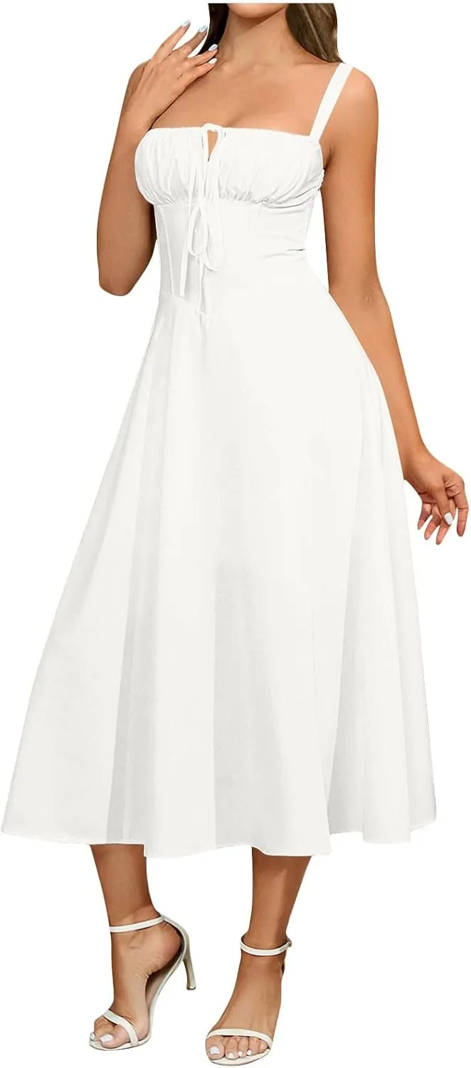 Milk Maid Dress for Women Floral Corset Flowy Slit Dresses Summer Boho Spaghetti Straps Square Neck Midi Dress