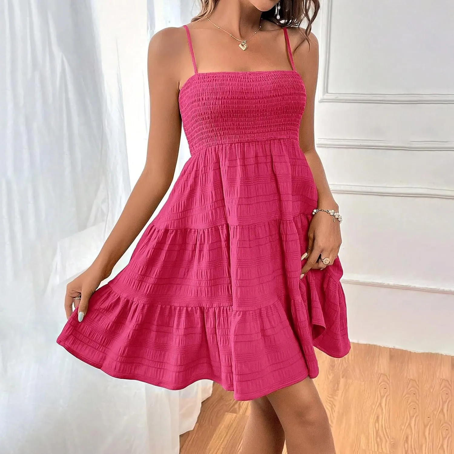 Mini Sundressses for Women 2025 Vcation Square Neck Cami Ruffle Smocked Dresses Adjustable Elastic Cute Babydoll Dresses