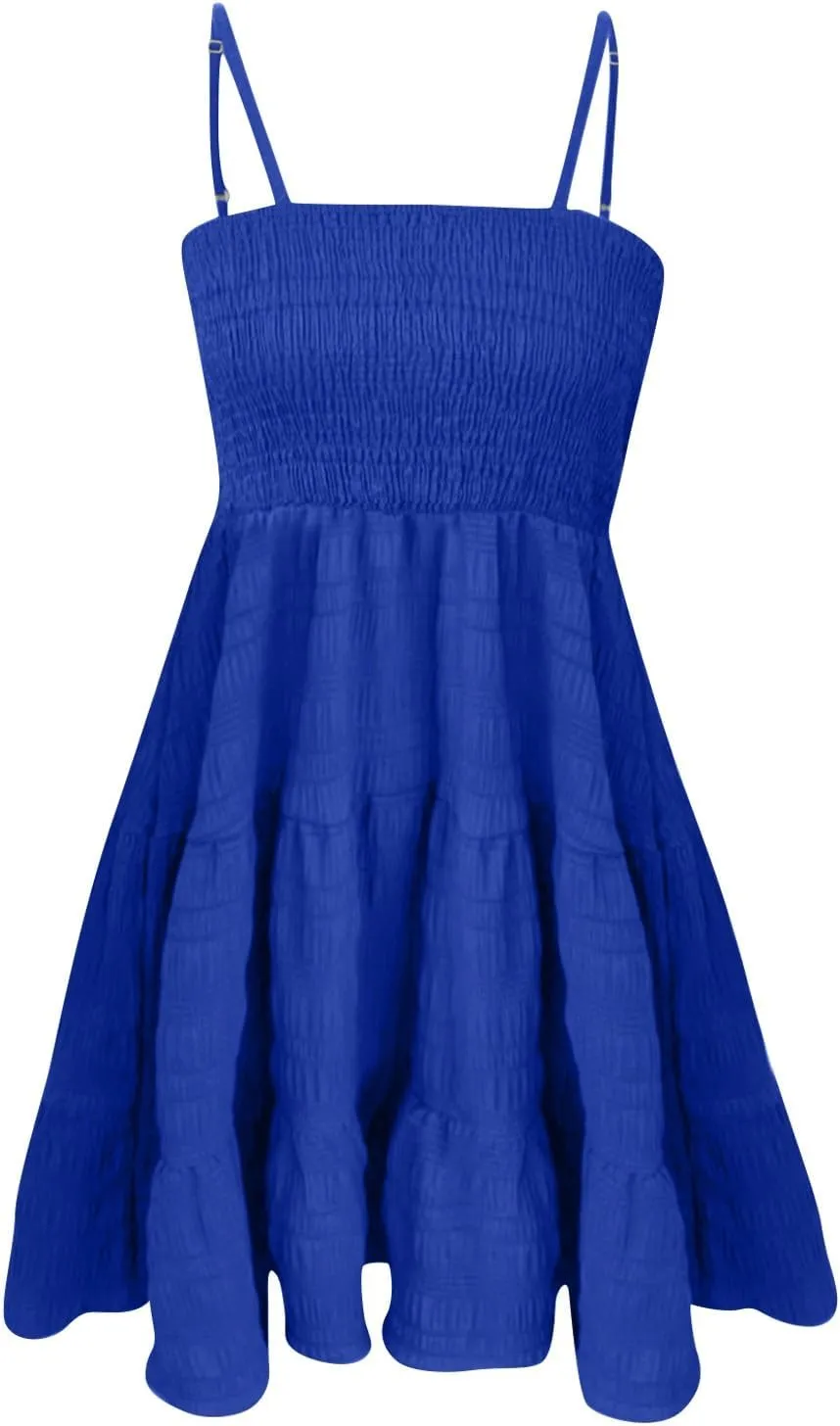Mini Sundressses for Women 2025 Vcation Square Neck Cami Ruffle Smocked Dresses Adjustable Elastic Cute Babydoll Dresses