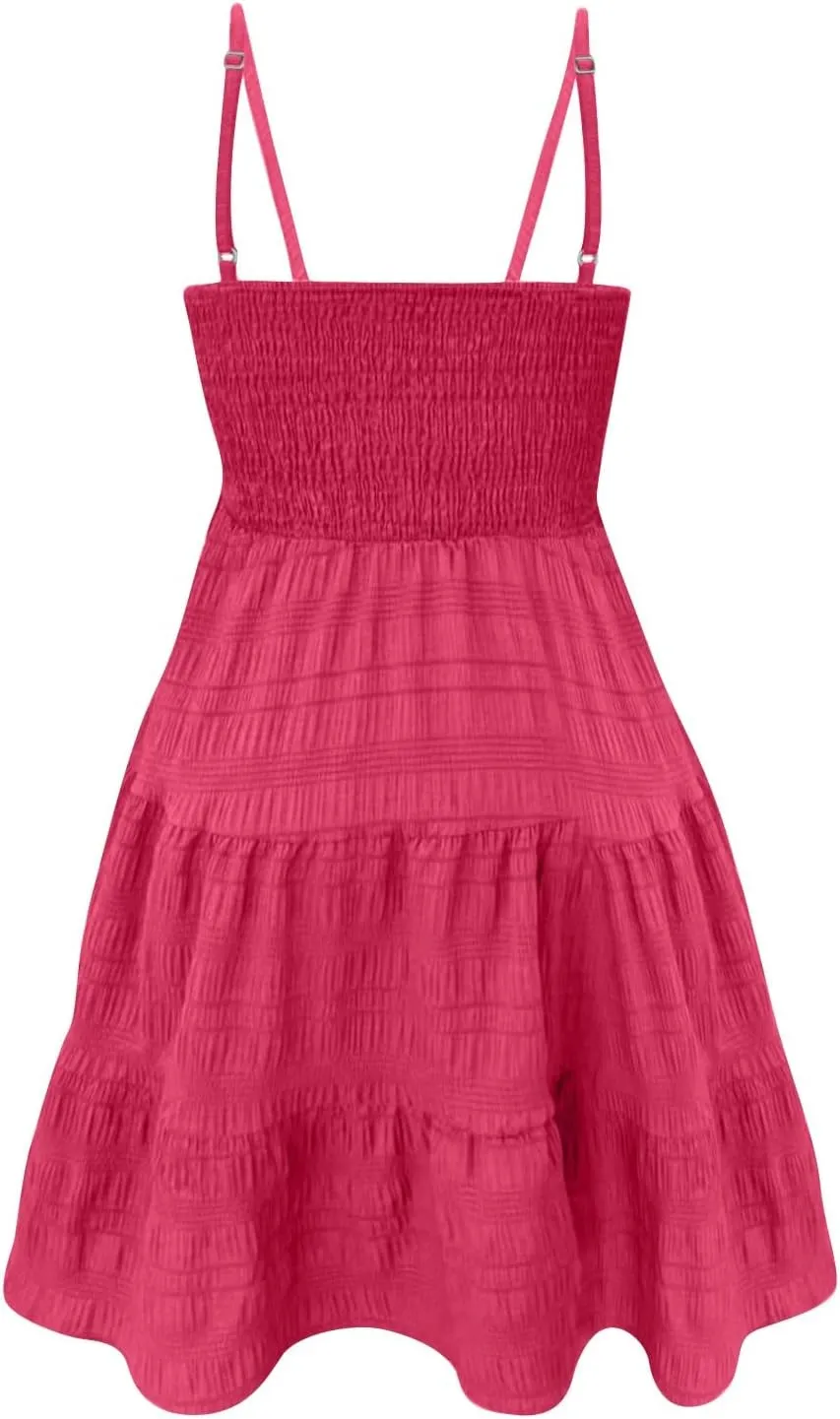 Mini Sundressses for Women 2025 Vcation Square Neck Cami Ruffle Smocked Dresses Adjustable Elastic Cute Babydoll Dresses