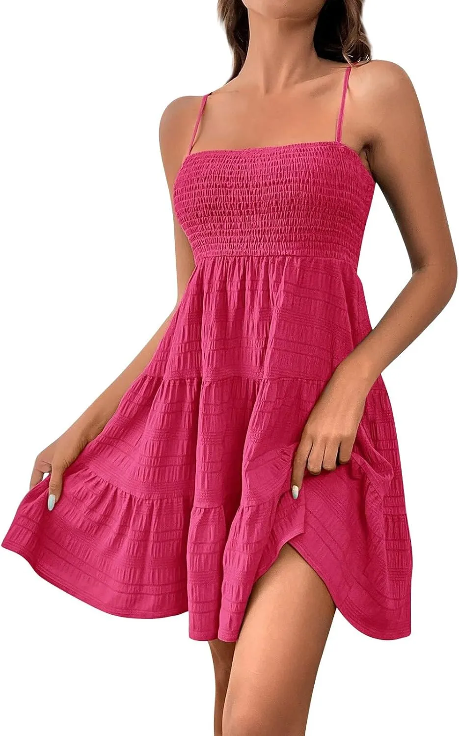 Mini Sundressses for Women 2025 Vcation Square Neck Cami Ruffle Smocked Dresses Adjustable Elastic Cute Babydoll Dresses