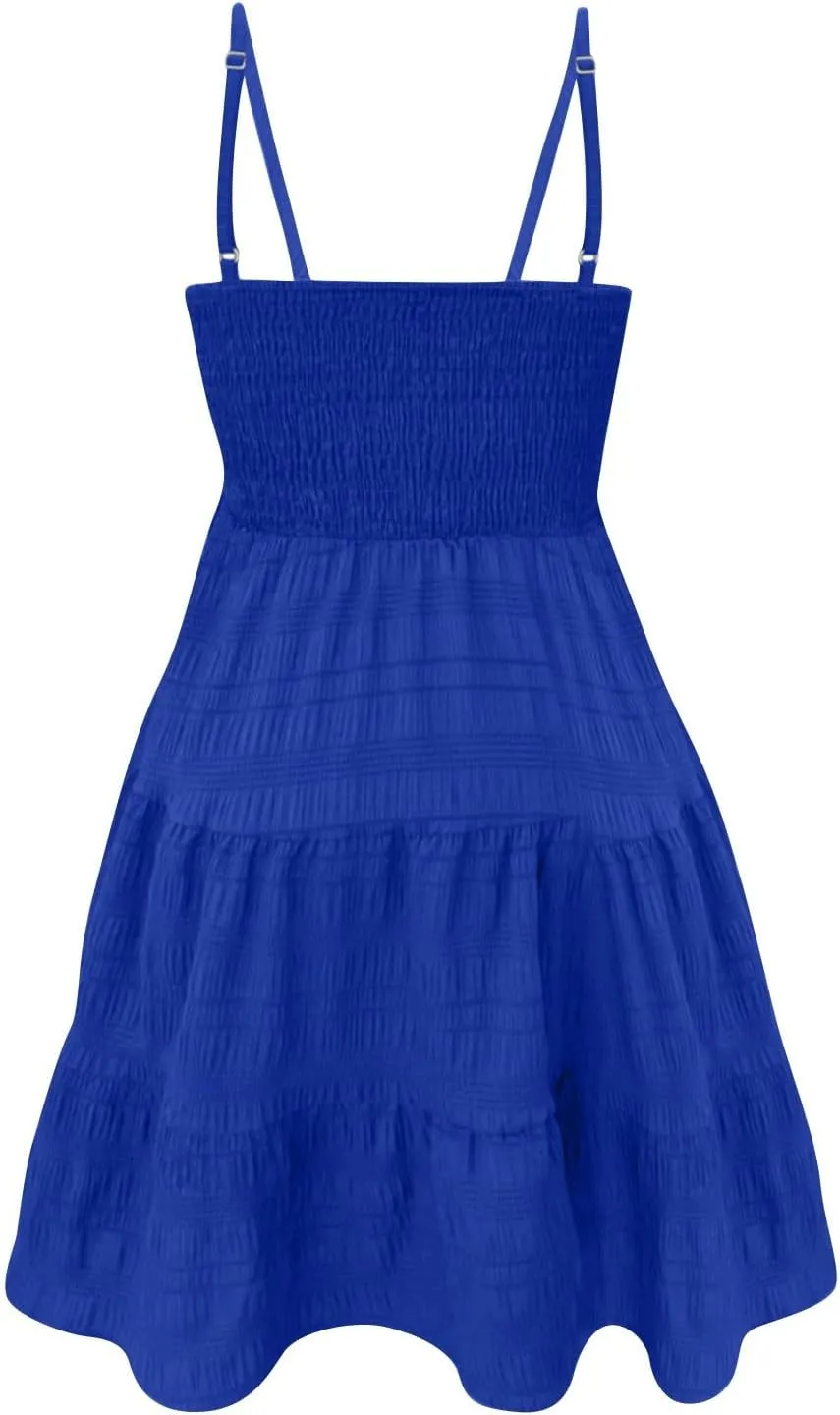Mini Sundressses for Women 2025 Vcation Square Neck Cami Ruffle Smocked Dresses Adjustable Elastic Cute Babydoll Dresses