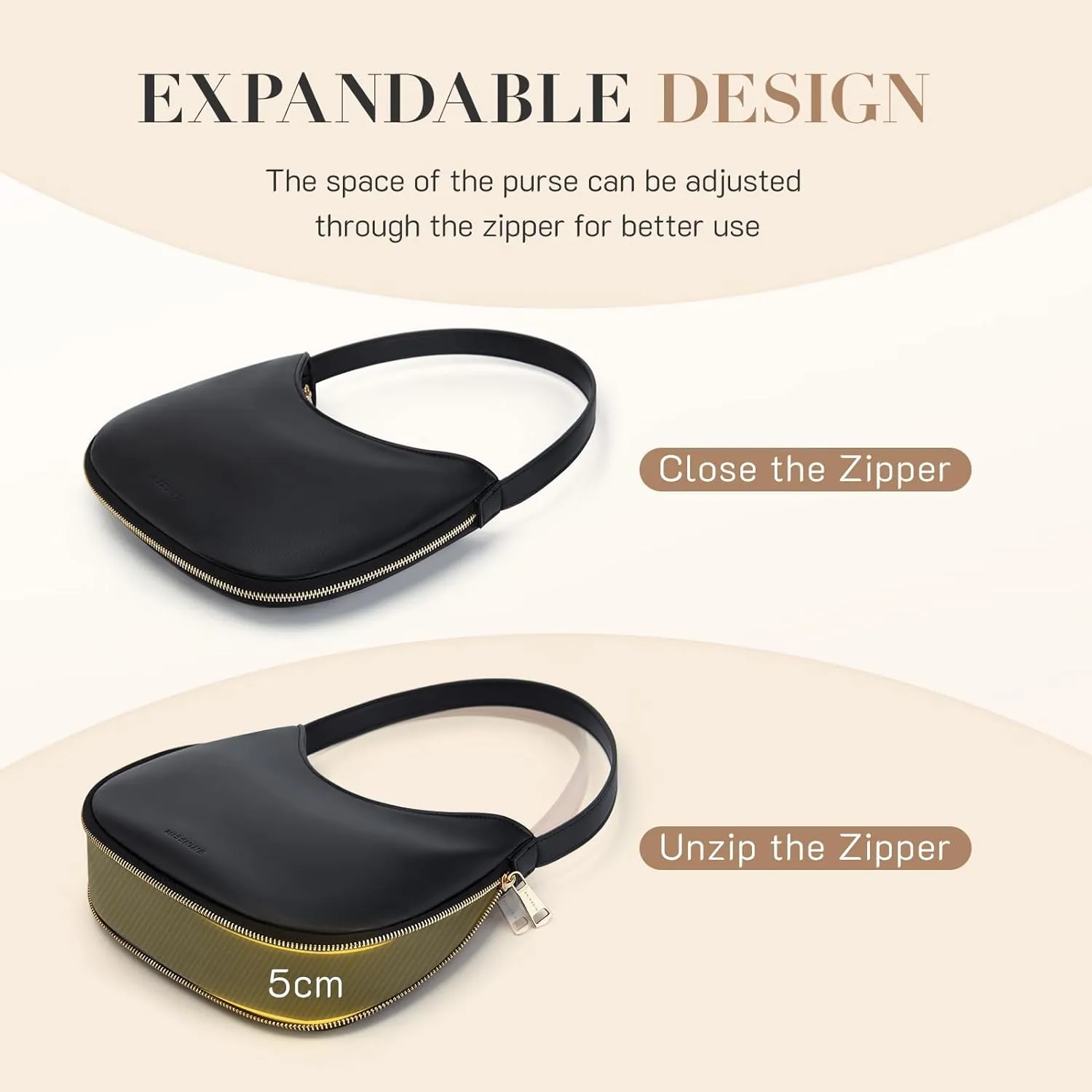 Missnine Shoulder Bag for Women Small Purse with Expansion Zipper Crescent Clutch Purse Vegan Leather Hobo Bag Trendy Handbag