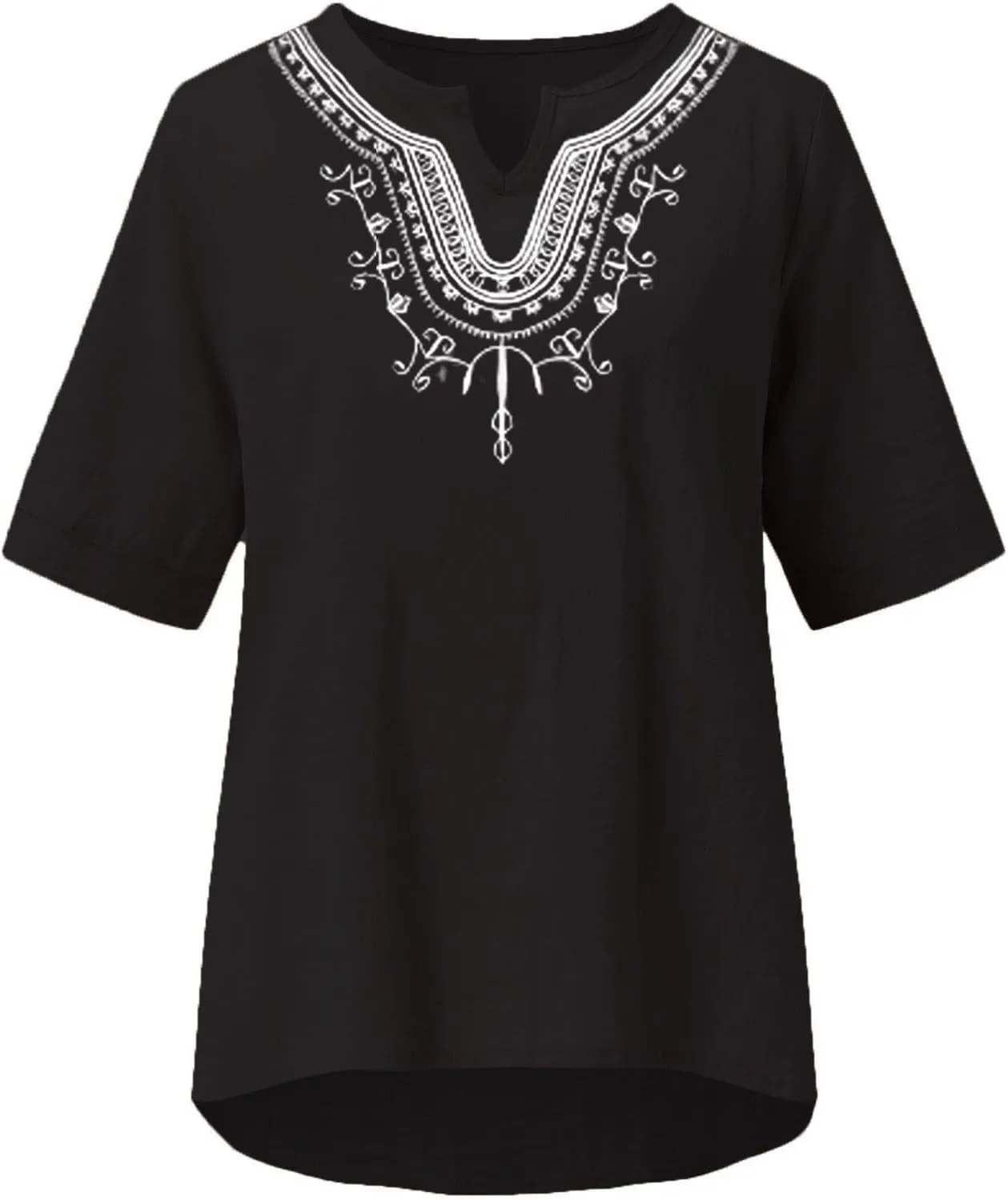 Mzkdieey Women's Embroidered Blouse Cotton Linen Short Sleeve Peasant Boho Tunic Tops Casual Notch V Neck Loose Fit T-Shirt