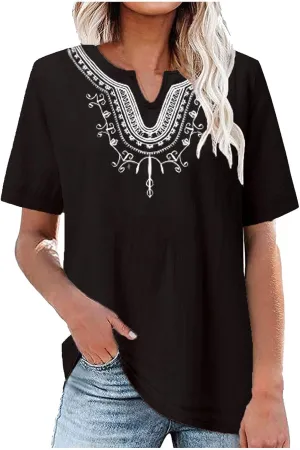 Mzkdieey Women's Embroidered Blouse Cotton Linen Short Sleeve Peasant Boho Tunic Tops Casual Notch V Neck Loose Fit T-Shirt