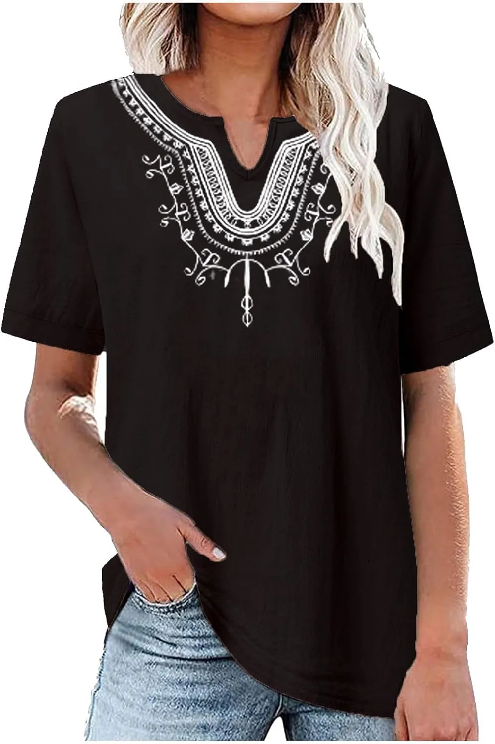 Mzkdieey Women's Embroidered Blouse Cotton Linen Short Sleeve Peasant Boho Tunic Tops Casual Notch V Neck Loose Fit T-Shirt