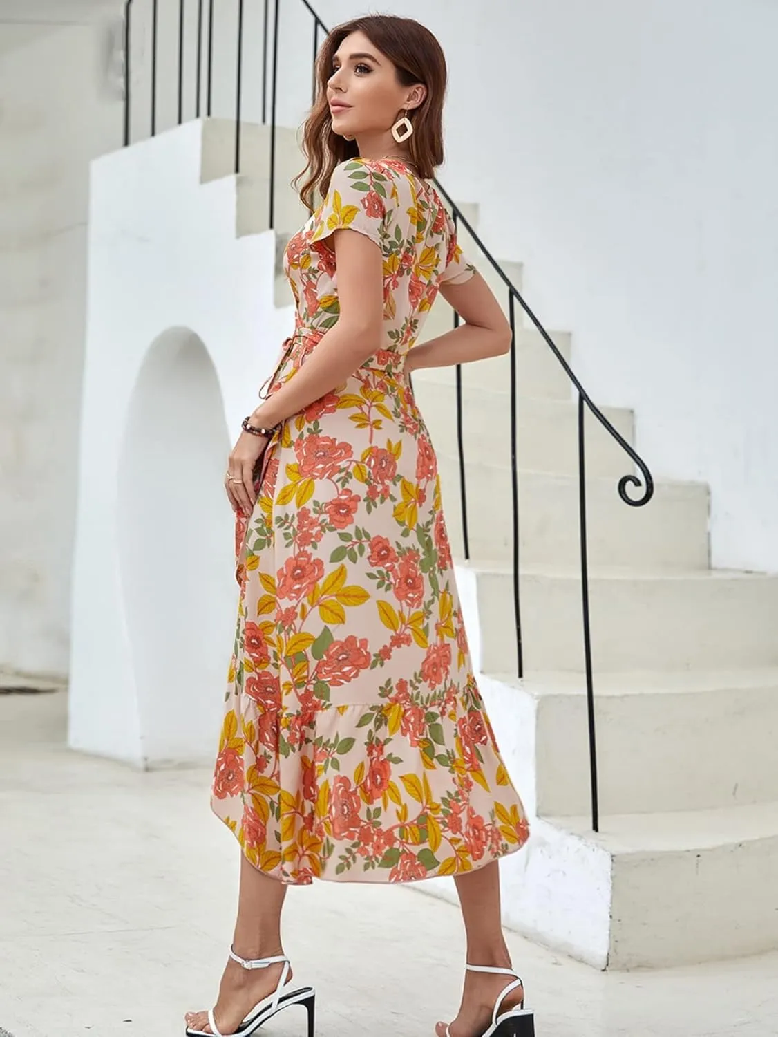 NACUII Womens Floral Mini Dress Floral Ruffle Hem Tie Side Wrap Dress
