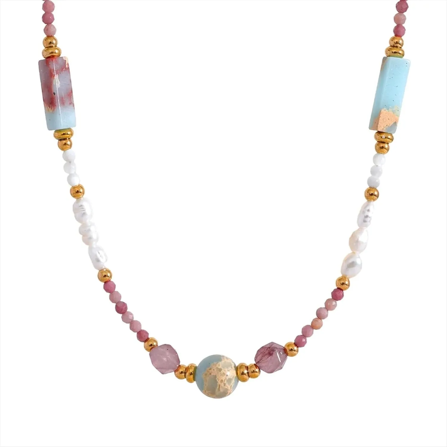 Natural Stone Freshwater Pearls Rhodochrosite Beads Chain Handmade Necklace Golden Summer Stainless Steel Jewelry