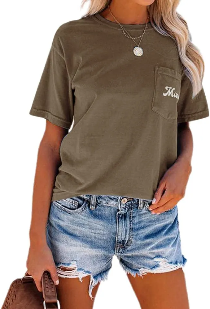NIUBIA Women's Letter Print Basic Crew Neck Tee Summer Short Sleeve T-Shirt with Pockets Loose Fitting Tops