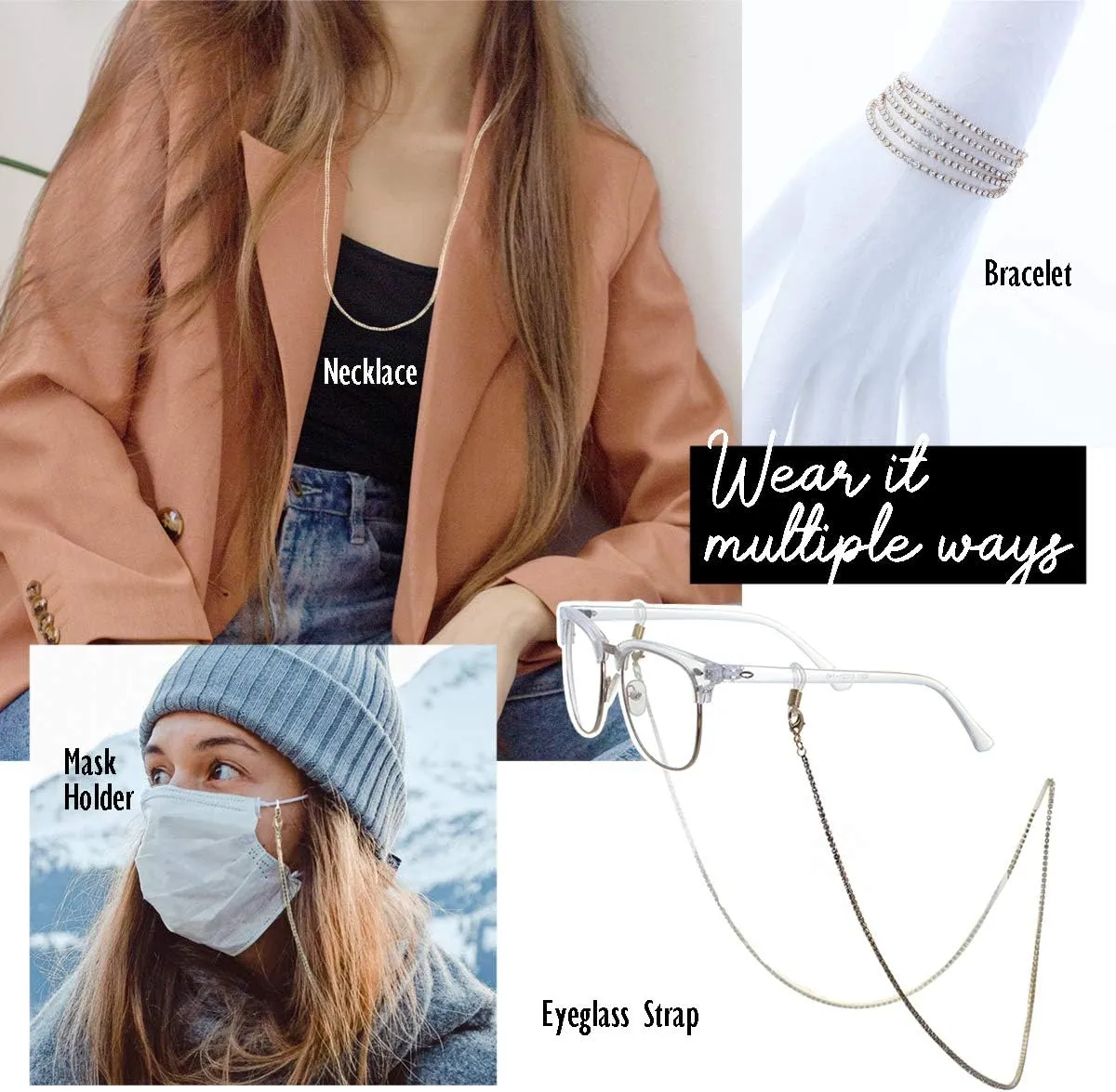 NTLX Mask Holder Straps Lanyard Necklace  Eyeglasses Holder Straps Lanyard Necklace - Sparkling Rhinestone Crystals