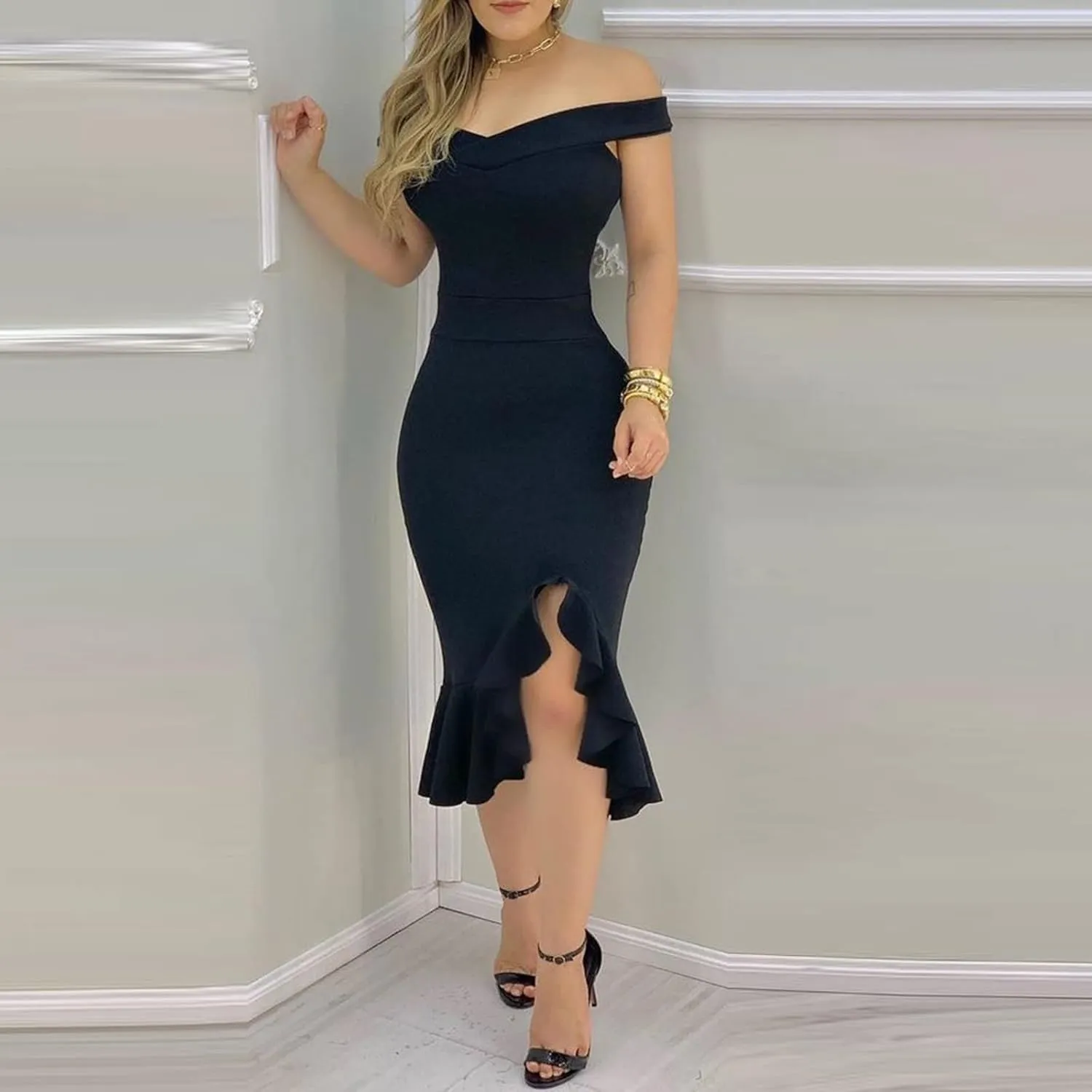 Off Shoulder Dress Ladies Loose Slit Ruffle Irregular Hem Outdoor Open Back Open Back Midi A-Line Zipper Cocktail