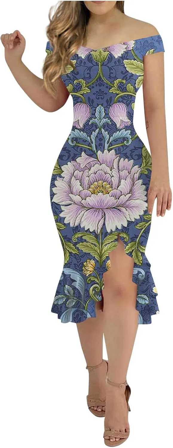 Off Shoulder Dress Ladies Loose Slit Ruffle Irregular Hem Outdoor Open Back Open Back Midi A-Line Zipper Cocktail