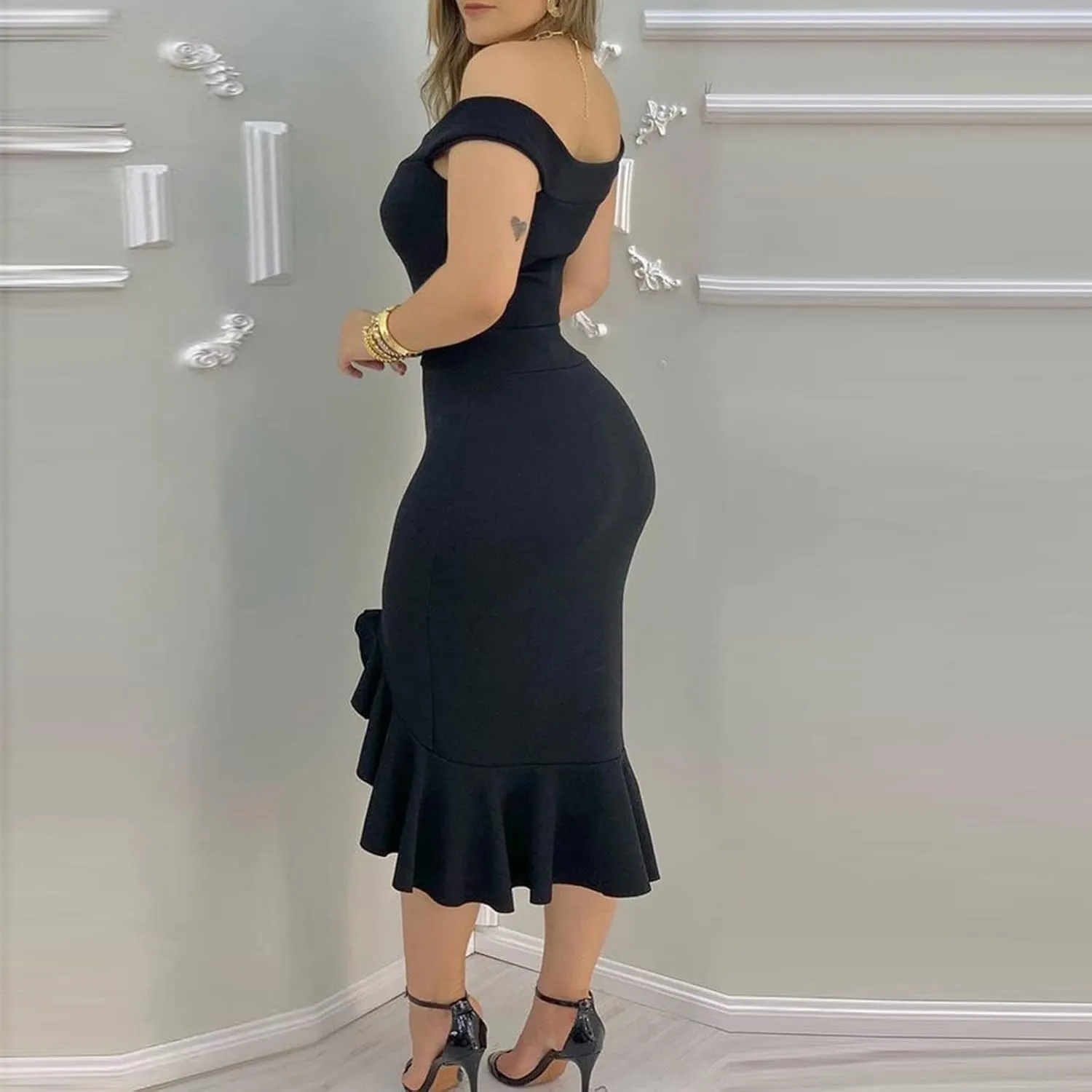 Off Shoulder Dress Ladies Loose Slit Ruffle Irregular Hem Outdoor Open Back Open Back Midi A-Line Zipper Cocktail