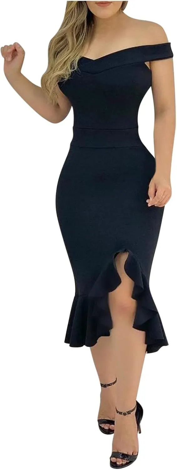 Off Shoulder Dress Ladies Loose Slit Ruffle Irregular Hem Outdoor Open Back Open Back Midi A-Line Zipper Cocktail