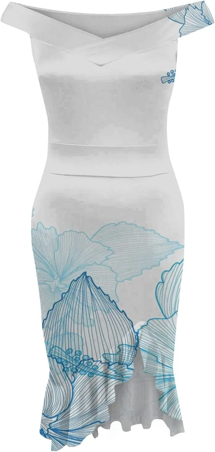 Off Shoulder Dress Ladies Loose Slit Ruffle Irregular Hem Outdoor Open Back Open Back Midi A-Line Zipper Cocktail