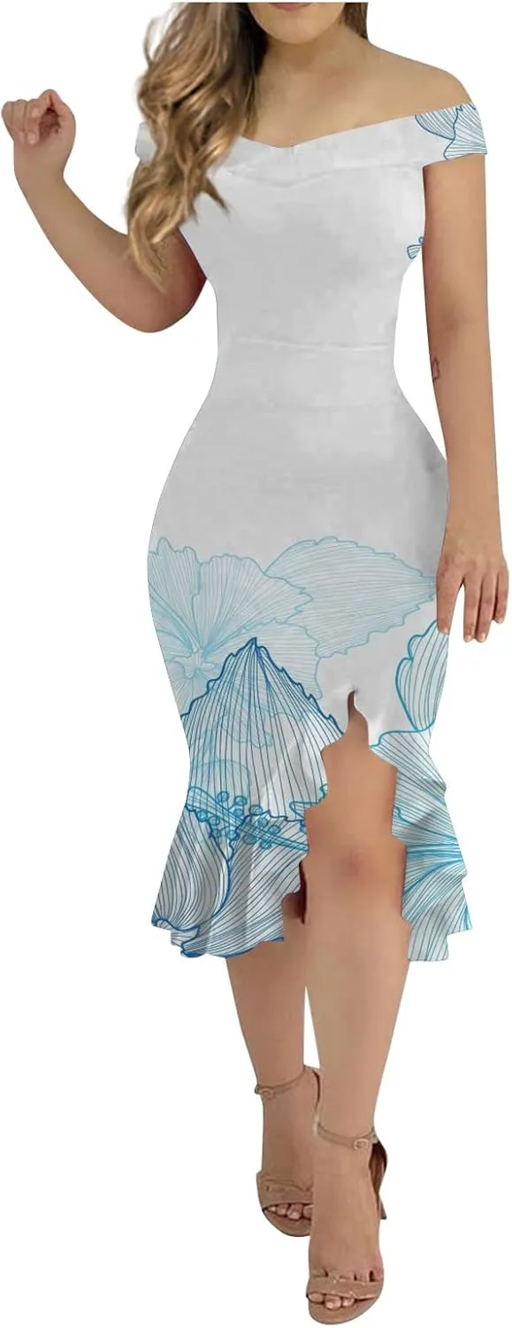 Off Shoulder Dress Ladies Loose Slit Ruffle Irregular Hem Outdoor Open Back Open Back Midi A-Line Zipper Cocktail