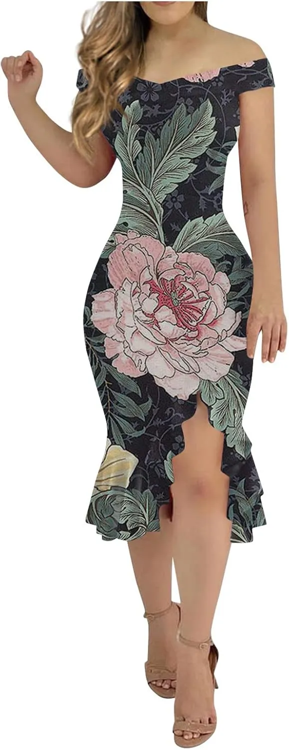Off Shoulder Dress Ladies Loose Slit Ruffle Irregular Hem Outdoor Open Back Open Back Midi A-Line Zipper Cocktail