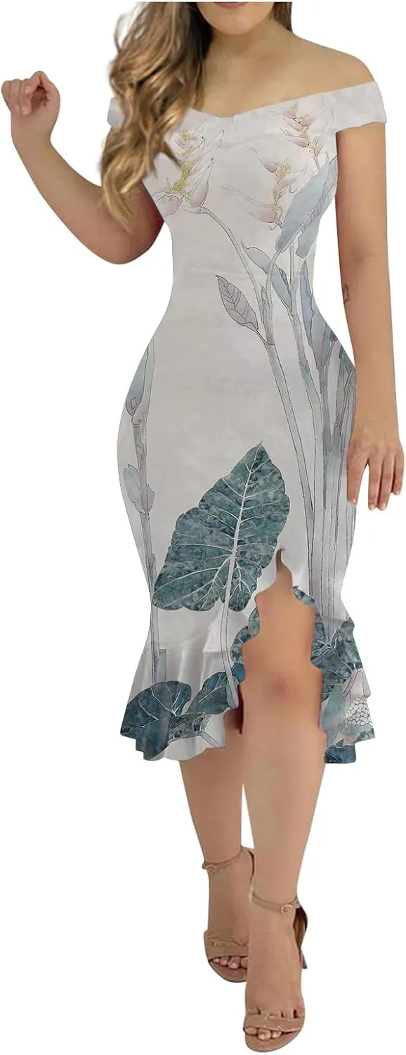 Off Shoulder Dress Ladies Loose Slit Ruffle Irregular Hem Outdoor Open Back Open Back Midi A-Line Zipper Cocktail