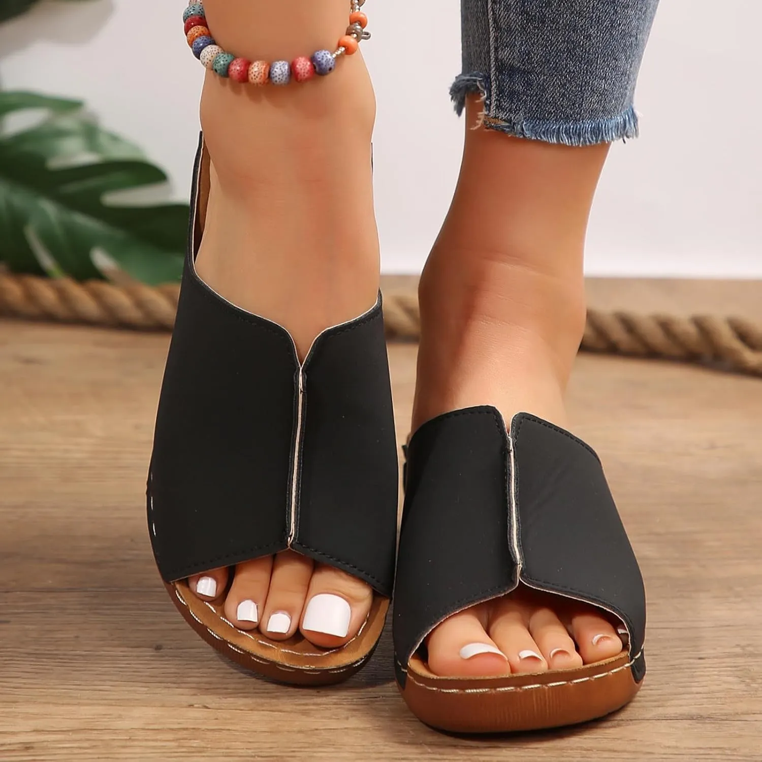 Orthopedic Sandals for Women Arch Support Fish Mouth Open Toe Leather Slippers Wedge Platform Sandal Comfortable Summer Slip On Shoes