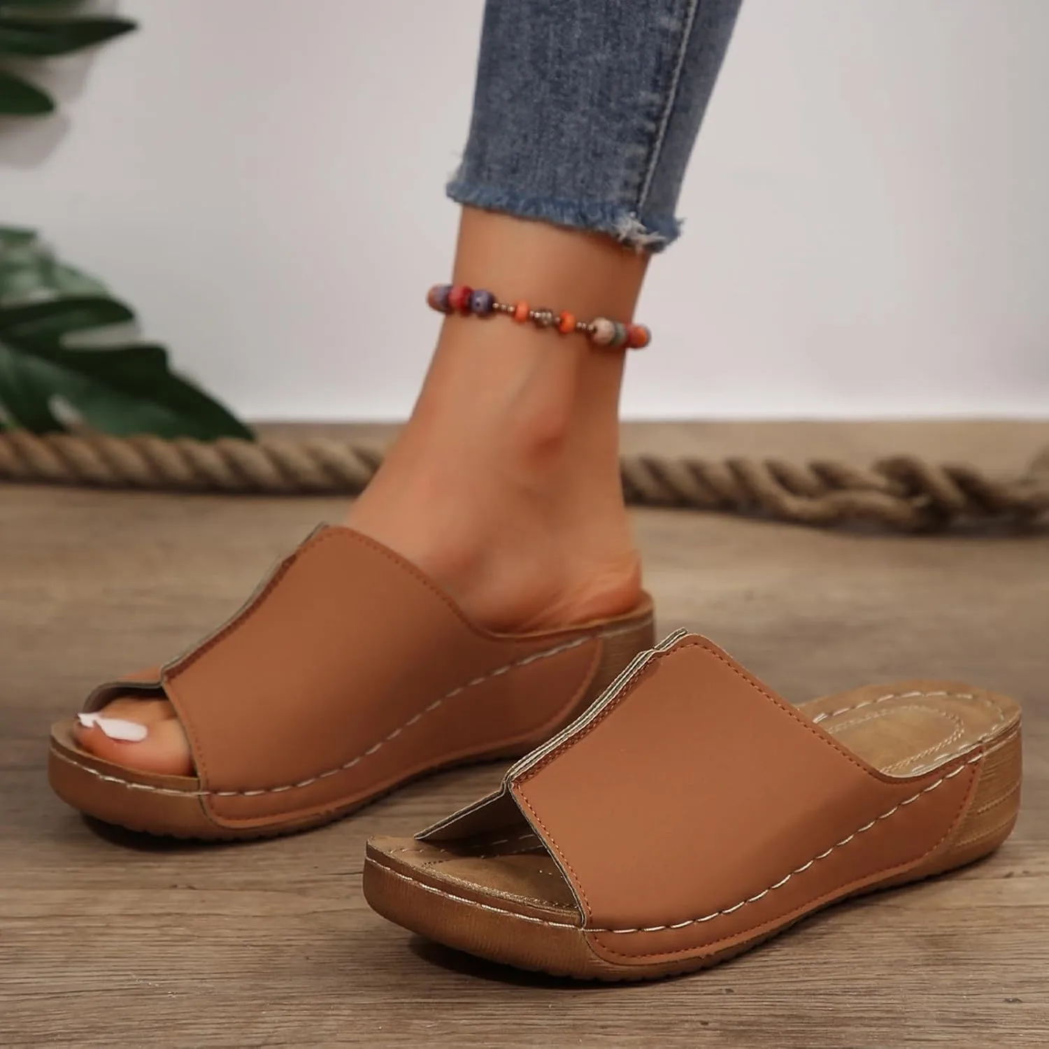 Orthopedic Sandals for Women Arch Support Fish Mouth Open Toe Leather Slippers Wedge Platform Sandal Comfortable Summer Slip On Shoes