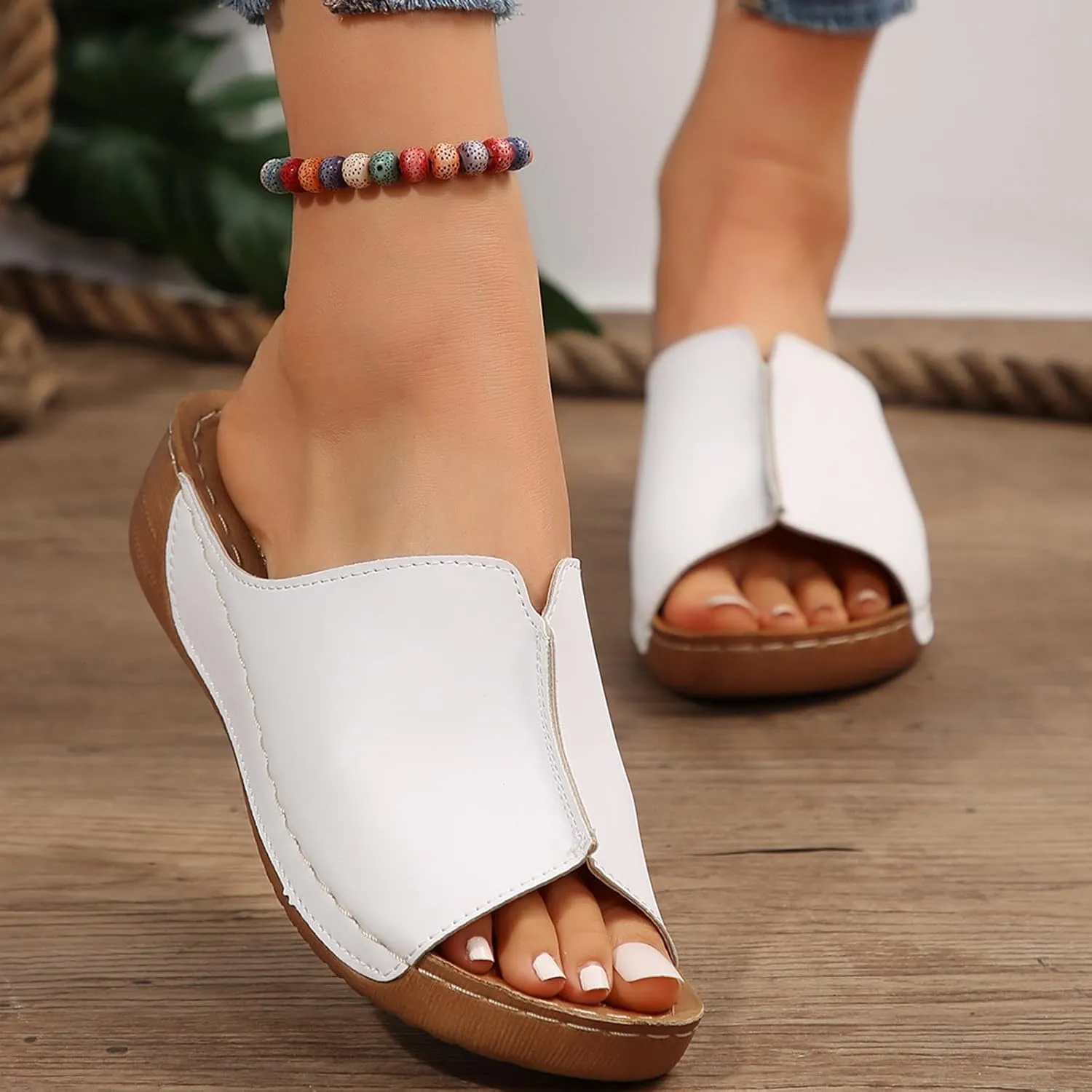 Orthopedic Sandals for Women Arch Support Fish Mouth Open Toe Leather Slippers Wedge Platform Sandal Comfortable Summer Slip On Shoes