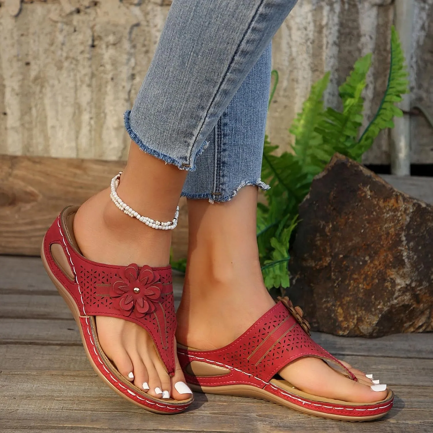 Orthopedic Sandals for Women Arch Support Flower Hollow Wedge Sandals 2025 Casual Slip On Flip Flops Sandal Shoes