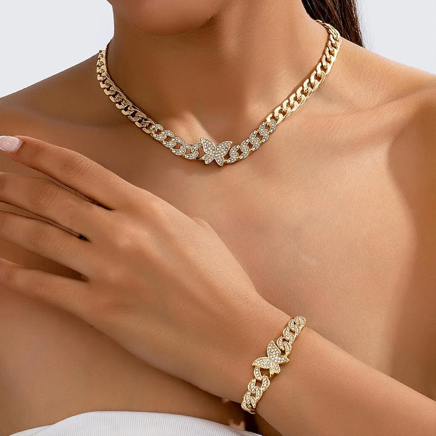 Otxas Chunky Gold Necklace for Women Chunky Heart Necklace and Bracelets Set Puffy Heart Necklace Silver Chunky Necklaces for Women Gold Jewelry Set