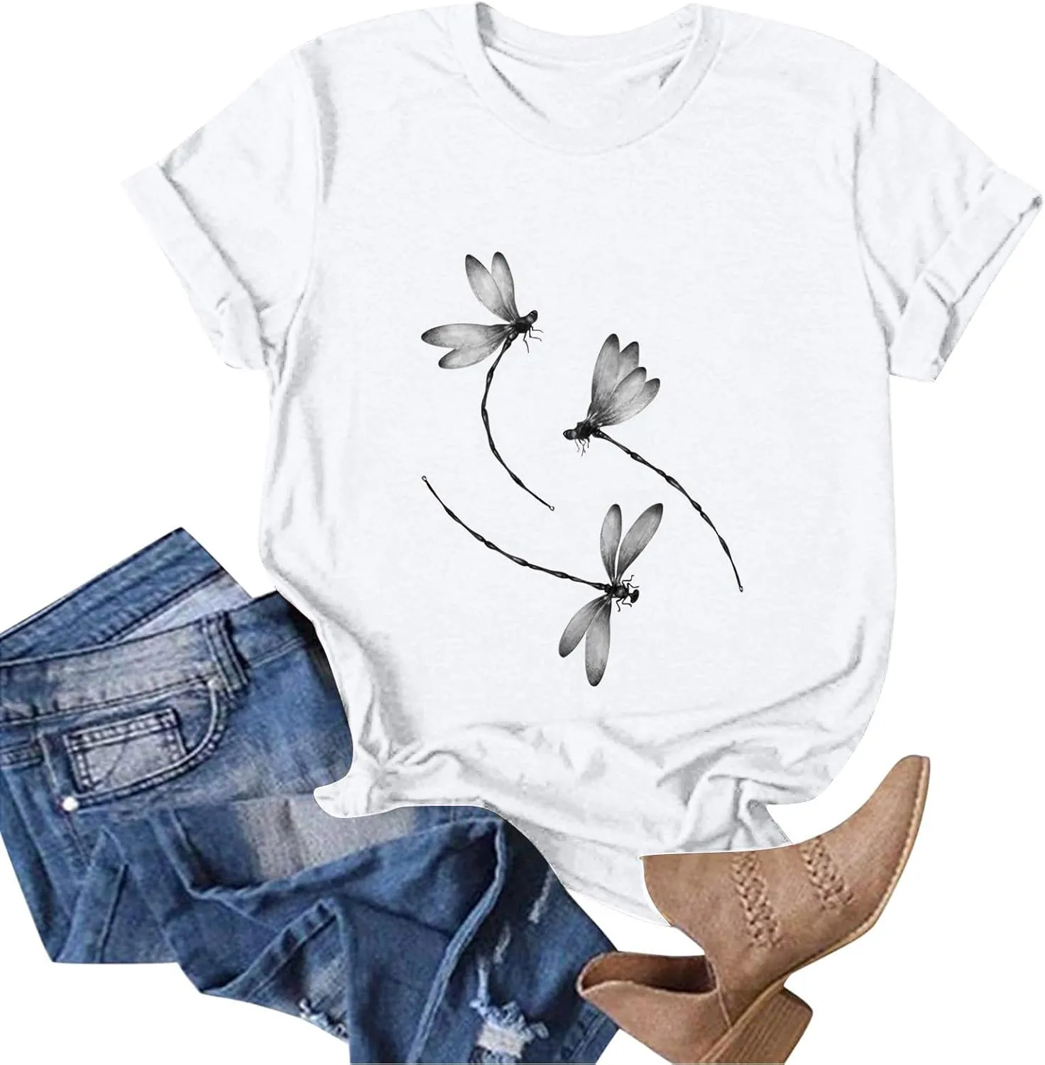 Oversized Graphic Tee Shirts for Women Casual Summer Funny Dragonfly Printed Short Sleeve Loose Crewneck Cute T Shirts Tops