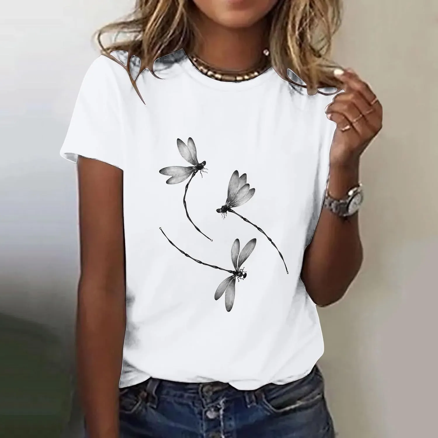 Oversized Graphic Tee Shirts for Women Casual Summer Funny Dragonfly Printed Short Sleeve Loose Crewneck Cute T Shirts Tops