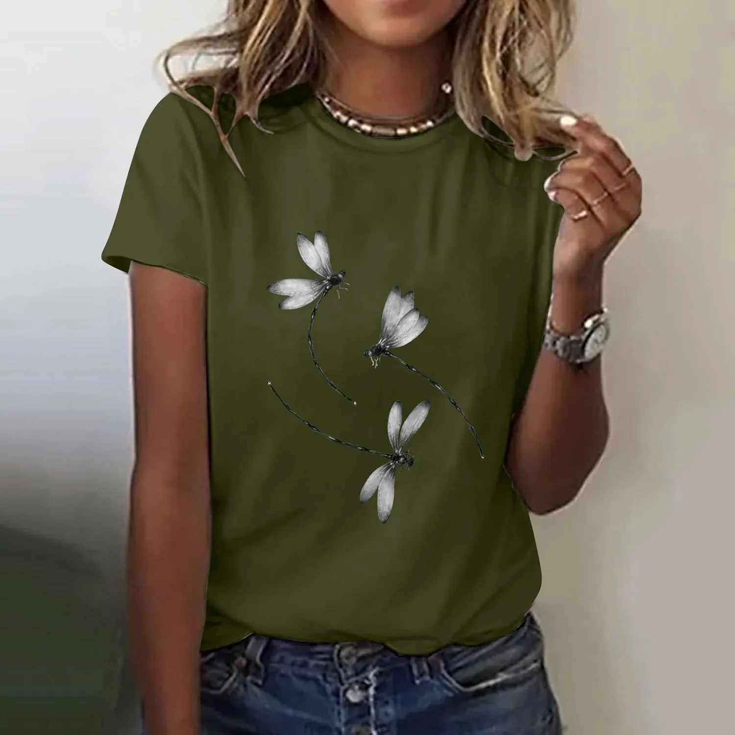 Oversized Graphic Tee Shirts for Women Casual Summer Funny Dragonfly Printed Short Sleeve Loose Crewneck Cute T Shirts Tops
