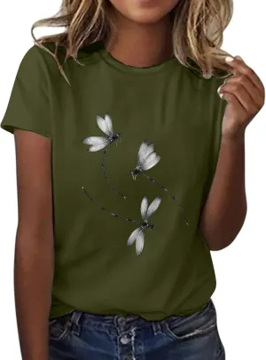 Oversized Graphic Tee Shirts for Women Casual Summer Funny Dragonfly Printed Short Sleeve Loose Crewneck Cute T Shirts Tops