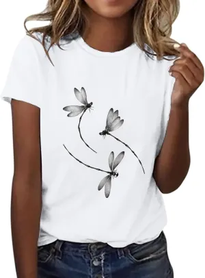 Oversized Graphic Tee Shirts for Women Casual Summer Funny Dragonfly Printed Short Sleeve Loose Crewneck Cute T Shirts Tops
