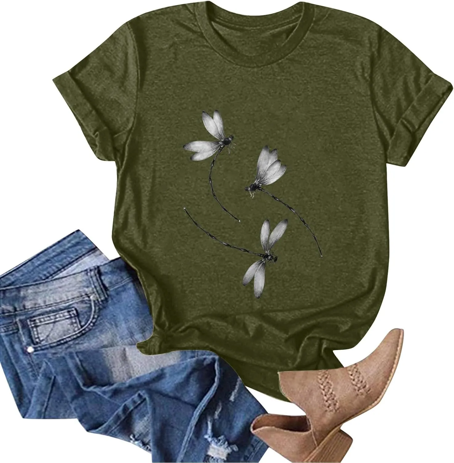 Oversized Graphic Tee Shirts for Women Casual Summer Funny Dragonfly Printed Short Sleeve Loose Crewneck Cute T Shirts Tops