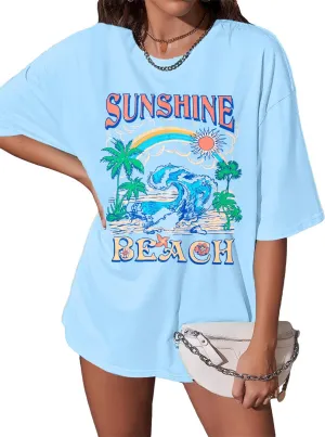 Oversized Hawaiian Shirts Women Sunshine Beach Tshirt Hawaii Tropical Tops Beach Graphic Shirt Summer Vacation Tee Top