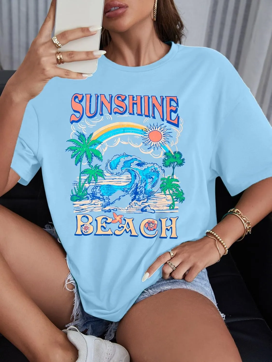 Oversized Hawaiian Shirts Women Sunshine Beach Tshirt Hawaii Tropical Tops Beach Graphic Shirt Summer Vacation Tee Top