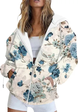 Oversized Sweatshirt For Women,Womens Casual Print Zip Up Hoodie Trendy Long Sleeve Sweatshirt With Pockets