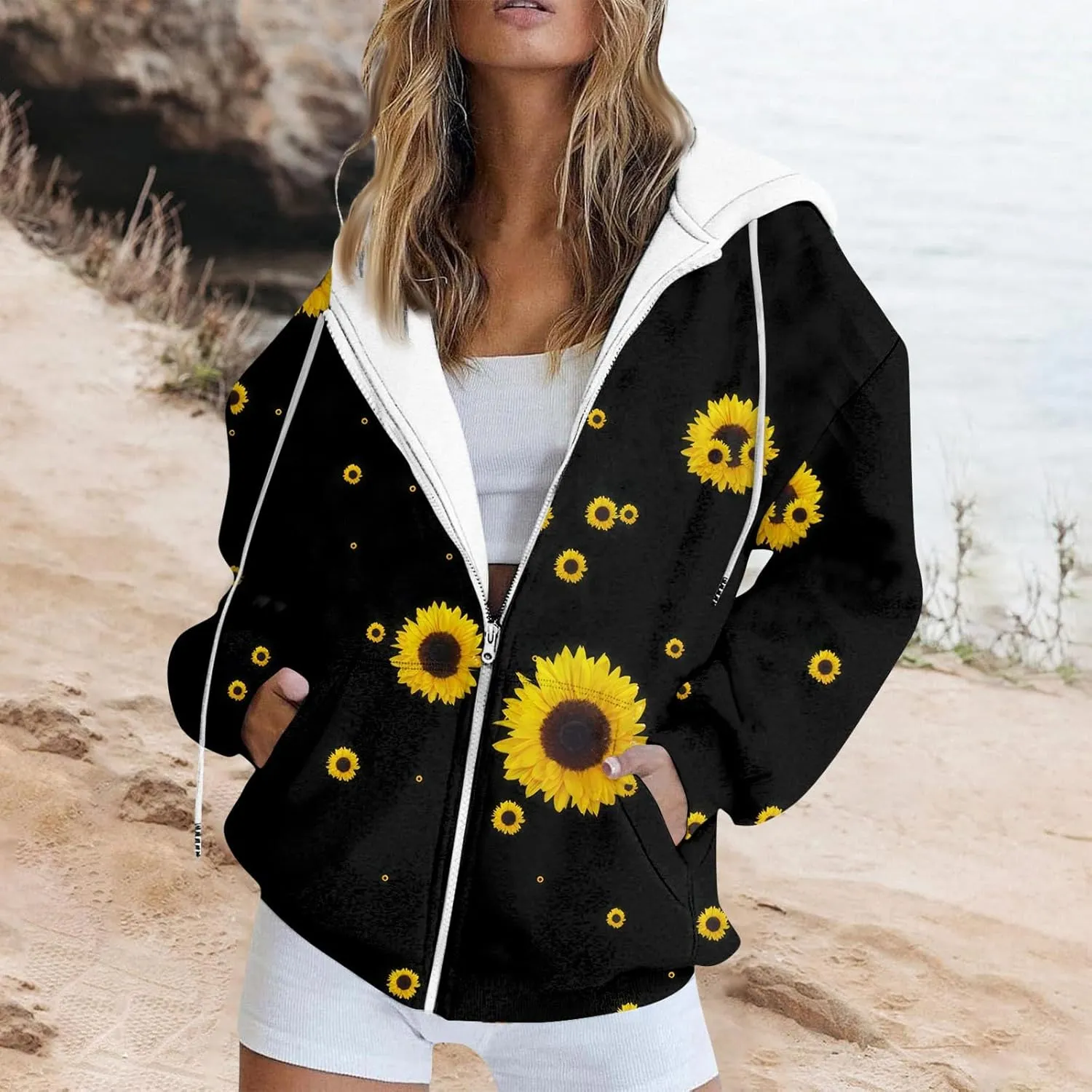Oversized Sweatshirt For Women,Womens Casual Print Zip Up Hoodie Trendy Long Sleeve Sweatshirt With Pockets
