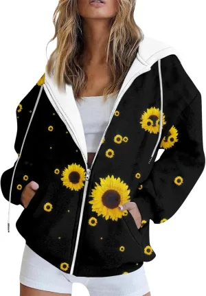 Oversized Sweatshirt For Women,Womens Casual Print Zip Up Hoodie Trendy Long Sleeve Sweatshirt With Pockets