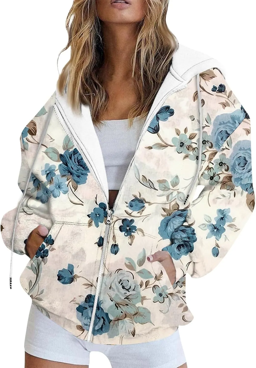 Oversized Sweatshirt For Women,Womens Casual Print Zip Up Hoodie Trendy Long Sleeve Sweatshirt With Pockets