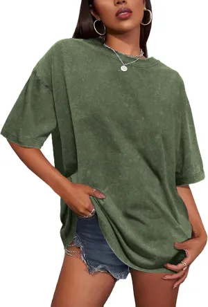 Oversized Tshirts for Women Short Sleeve Crew Neck Vintage Washed Basic Loose Casual Tees
