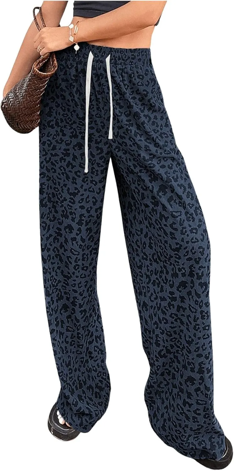 OYOANGLE Women's Graphic Print Drawstring Elastic High Waist Long Pants Y2k Wide Leg Casual Trousers with Pockets