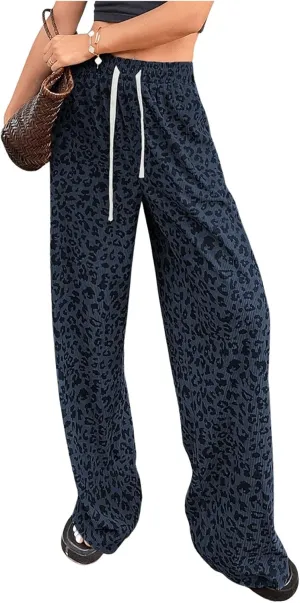 OYOANGLE Women's Graphic Print Drawstring Elastic High Waist Long Pants Y2k Wide Leg Casual Trousers with Pockets